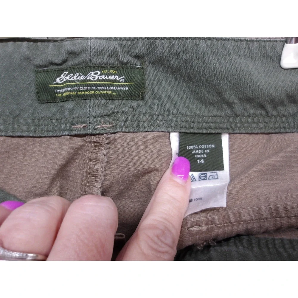 Eddie Bauer Cargo Shorts Womens 14 Olive Green Khaki Cotton Ripstop /#26521 - Picture 5 of 5